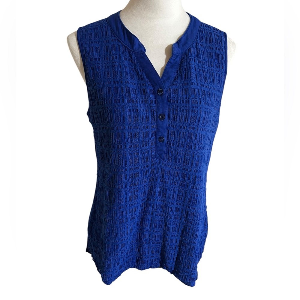 A Shannon Ford NY Sleeveless Blue Women's Top with lace over a knit fabric